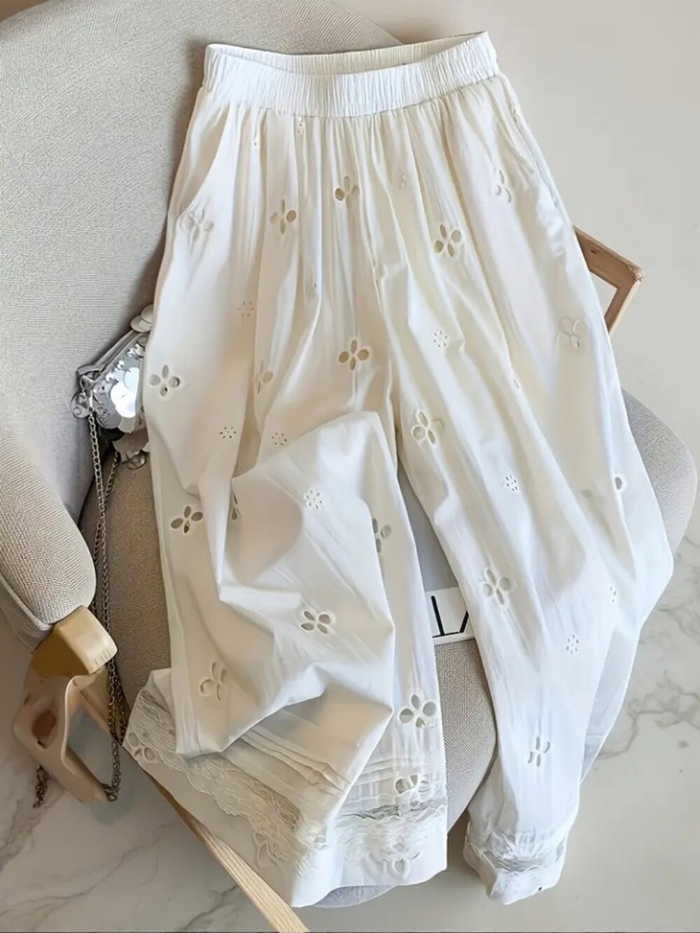 Solid Color Pocket Wide-Leg Ankle Pants, Spring/Autumn Fashion Lace Straight